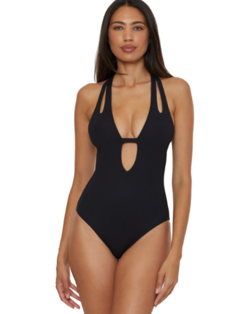 Becca Women's Modern Edge Textured Plunging-Neck Swimsuit - Black Size M 12346